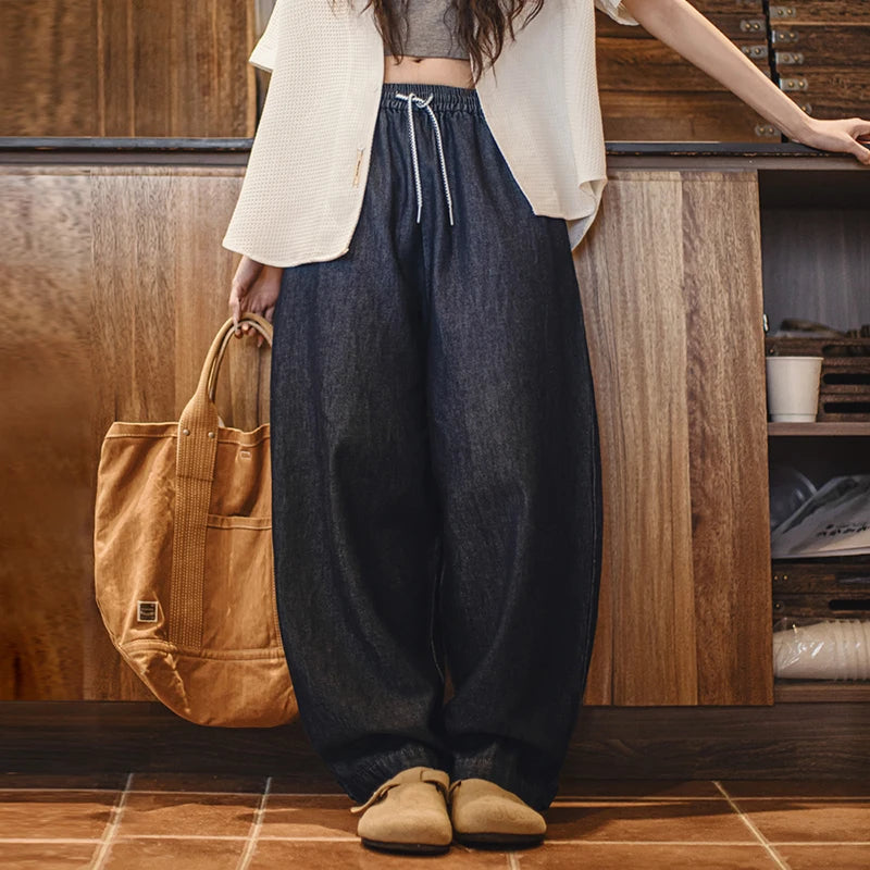 Maden Retro Banana Jeans Women's Spring Soft Stretch Tapered Pants Cool Blue Jeans with Elastic Drawstring Waist Casual Trousers
