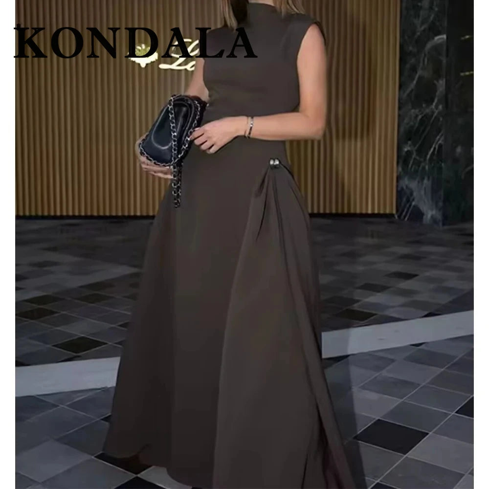KONDALA Vintage Brown Elegant Woman Dresses Fashion 2025 Pleated Asymmetric Sleeveless Dress Chic Evening Party Female Vestidos