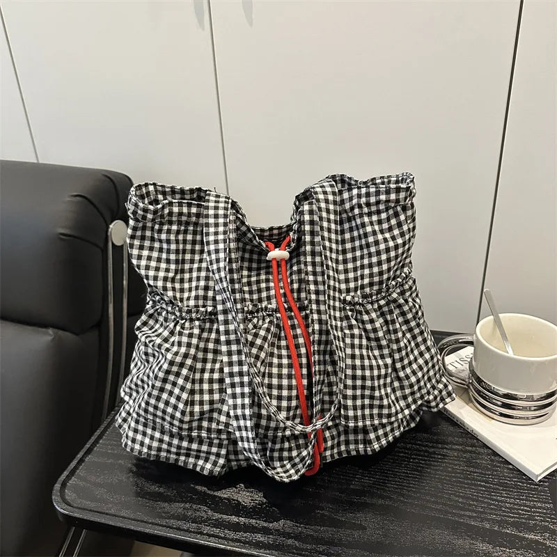 Women's Tote Bag Ruffles Plaid Drawstring Handbag Women Fashion Canvas Shoulder Bags	Large Capacity Korean Bags Bolsos De Mujer
