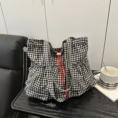 Women's Tote Bag Ruffles Plaid Drawstring Handbag Women Fashion Canvas Shoulder Bags	Large Capacity Korean Bags Bolsos De Mujer