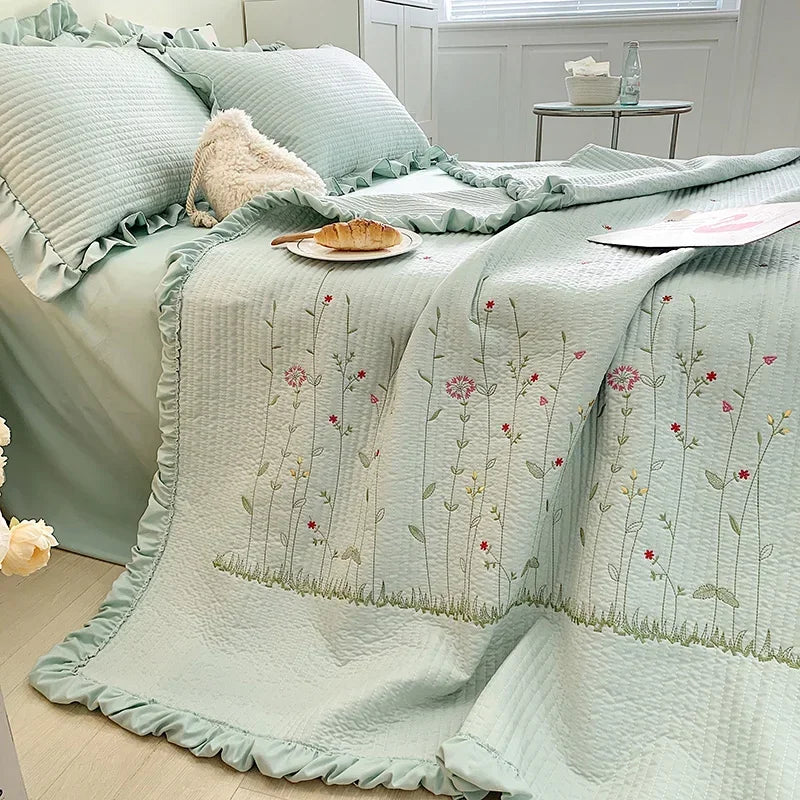 Ruffles Flowers Embroidery Spring Summer Quilt 1/3/4 Pcs Set Princess Quilted Bedspread Air-conditioning Blanket Comforter Duvet