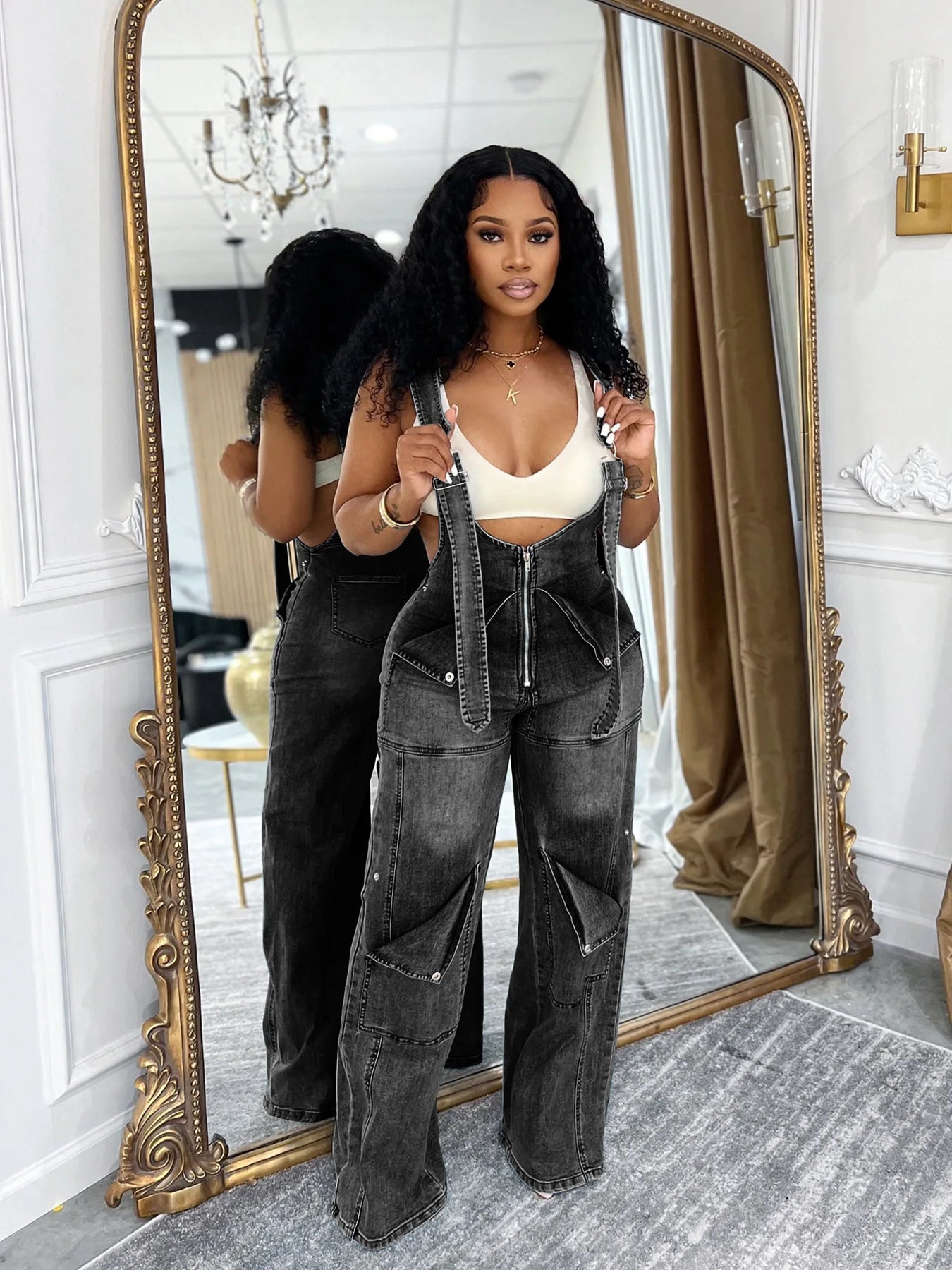 CM.YAYA Women Safari Style Ripped Out Multi Pocke Wide Leg Overalls Denim Pants 2024 Summer Street Fashion Cargo Jeans Trousers