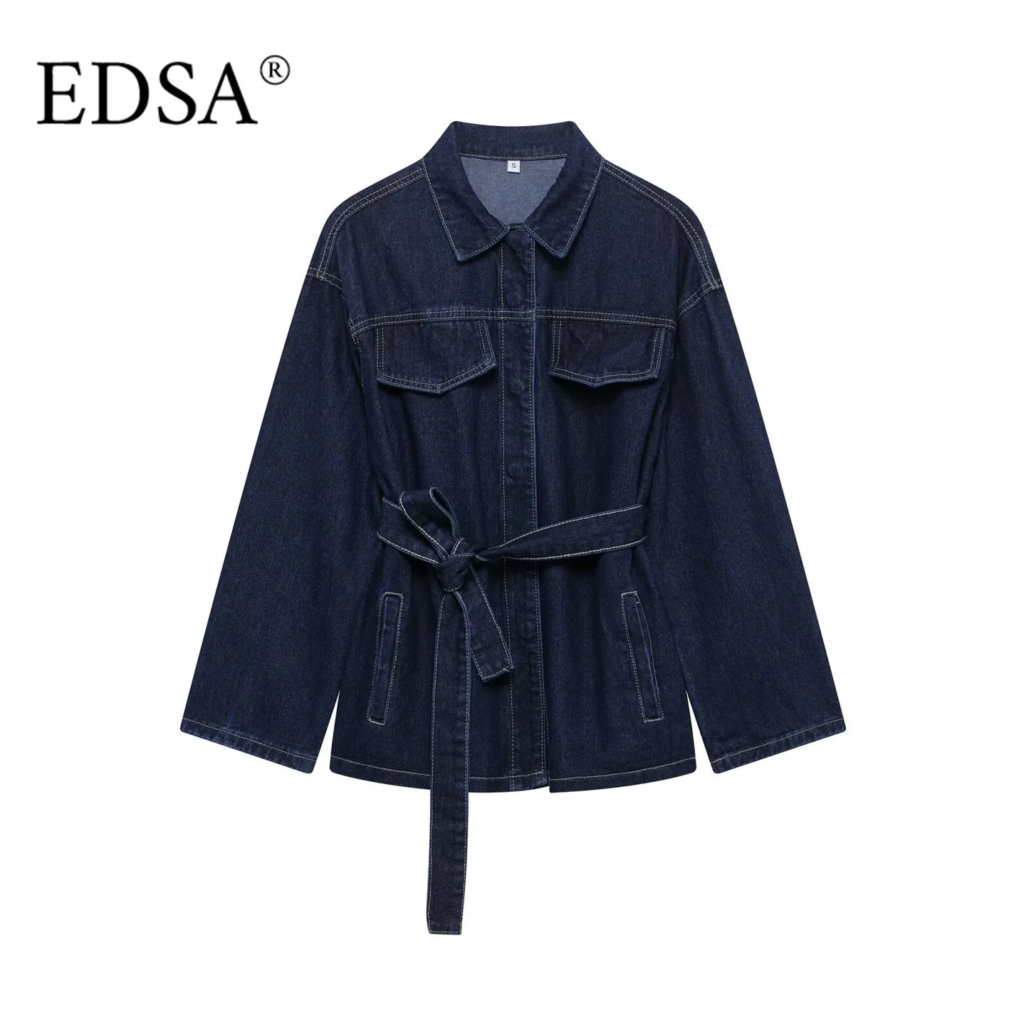 EDSA Women Vintage Denim Jacket Coat with Sashes Flap Pockets Long Sleeves Turn-down Collar for Female High Street Outerwear