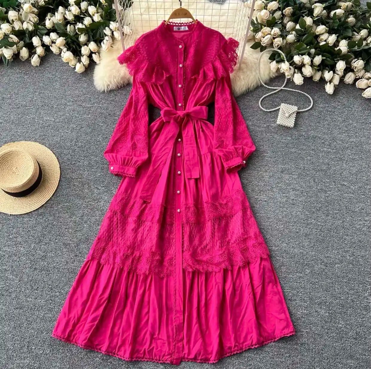 LGRQ For Women's Lace-up Single Breasted Lace Dress Fashion Hollow Out Bead Button Round Neck Dresses 2025 Autumn New Clothing
