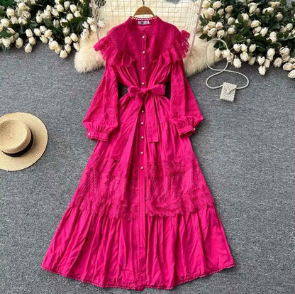 LGRQ For Women's Lace-up Single Breasted Lace Dress Fashion Hollow Out Bead Button Round Neck Dresses 2025 Autumn New Clothing
