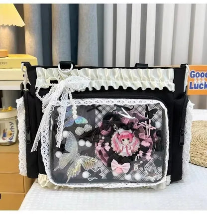 Y2k New Sweet Ita Shoulder Bag Lolita Girl Transparent Crossbody Bag Women Large Capacity Lace Tote Bag Cute DIY Display Handbag