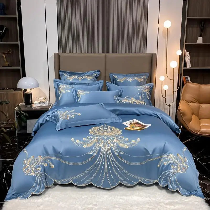 4/6Pcs White Gray Sateen Gold Embroidery Luxury Satin Cotton Bedding set Double Queen King Comforter Cover Bed Sheet Pillowcases
