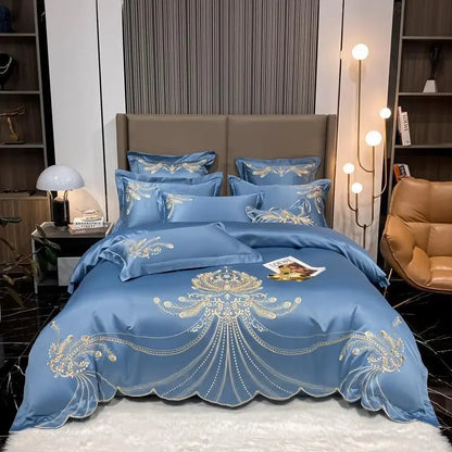 4/6Pcs White Gray Sateen Gold Embroidery Luxury Satin Cotton Bedding set Double Queen King Comforter Cover Bed Sheet Pillowcases