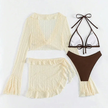 2025 Women Swimsuit Long-sleeve Cover-up Swimwear Sexy Four-piece Summer Solid Bikini Set Brazilian Beachwear Party Bathing Suit