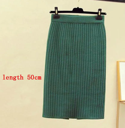 Mid-long Knitted Half-length Skirt Women's High waist One-step Skirt Autumn And Winter Hip Skirt Open-forked Elegant Skirts