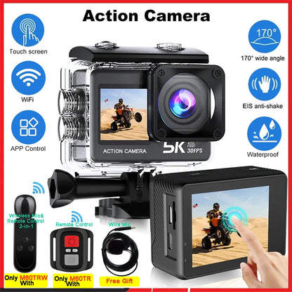 Action Camera 5K 4K60FPS  50MP 2" Touch Dual Screen 5X Zoom Wi-Fi EIS  170° DVR Webcam Wireless Mic 30M Waterproof Sport Camera