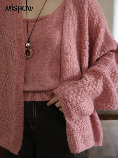 MISHOW Women's Pink Knit Two-Piece Set 2025 Autumn Sweet Long Sleeves Cardigan with Vest Casual Women's Clothes Set MXE44T0737