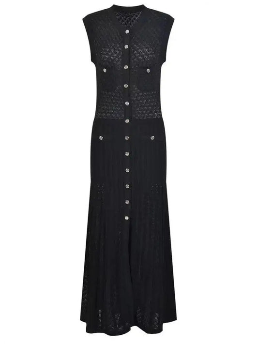Ladies 2024 Summer Black Sexy Sleeveless O-neck Single Breasted Knit Dress Women Green Elegant Slim Fashion Pleated Long Dresses