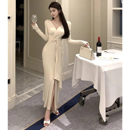 2025 Lady Chic Designer V-neck Dress Spring Women Elegant Lace Up Party Dress Female Irregular Solid Color Slim Fit Thin Dress