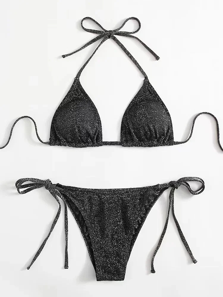 2025Sexy Bikini Set Shiny Triangle Bikinis Bandage Swimsuit Women Two Piece Swimwear Summer Biquini New Beachwear Push Up Bikini