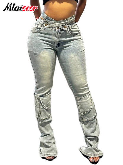 Mlaiscsr Vintage Stretch Denim Pants Women Buttons Pocket Patchwork High Waist Cargo Jeans Autumn Winter Bottoms Y2K Streetwear