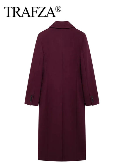 TRAFZA Women Elegant Burgundy Woolen Coat Double Breasted Turn Down Collar Windbreaker Jacket Fashion Lady High Street Outerwear
