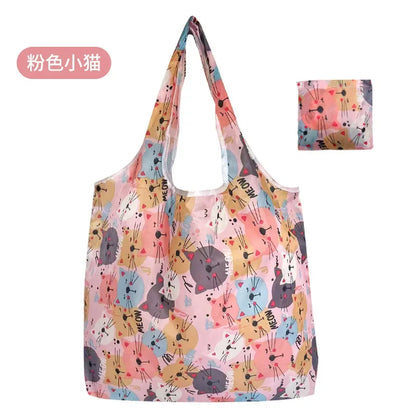 Reusable Shopping Bag Women Cute Fish Cart Flower Print  Nylon Foldable Grocery Bag Creative Eco-Friendly Tote Bag Lightweight