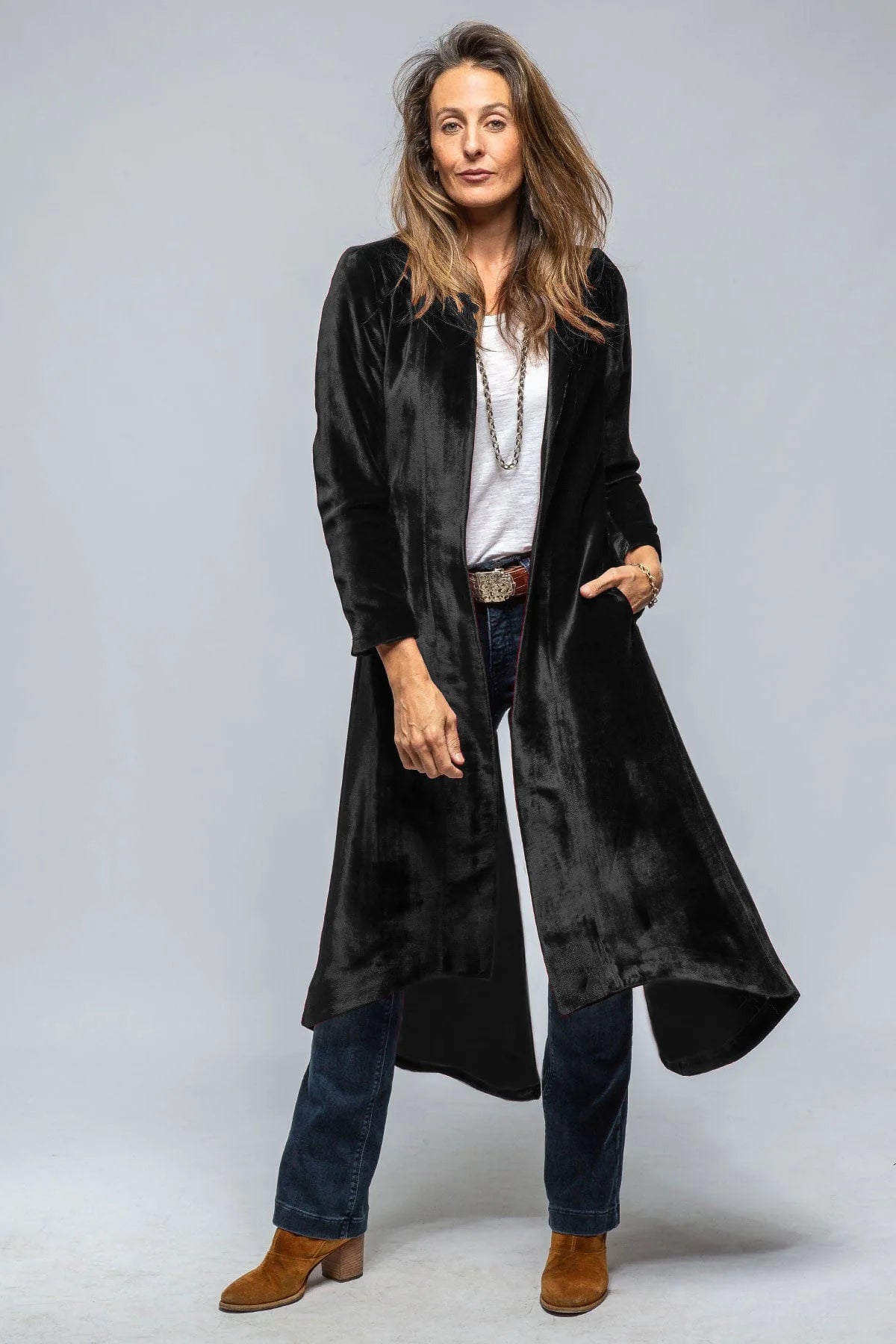 2024 new European and American velvet long cardigan solid color retro split coat windbreaker loose coat