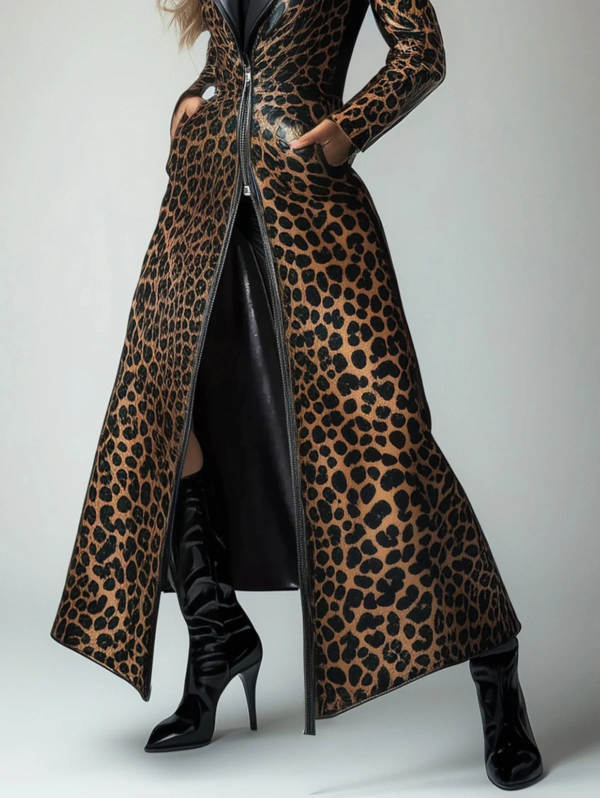 High Quality PU Leather Leopard Pattern Zipper Pocket Trench Coat for Women Fashion Extra Long Skirted Elegant Overcoat S-3XL