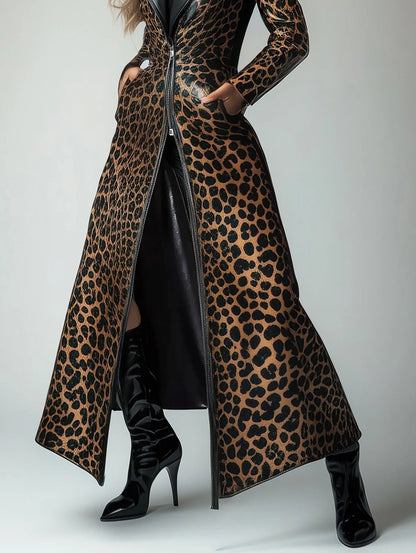High Quality PU Leather Leopard Pattern Zipper Pocket Trench Coat for Women Fashion Extra Long Skirted Elegant Overcoat S-3XL
