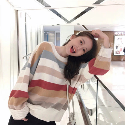 Multicolor Striped Crewneck Sweater Knit Pullovers Women Relaxed Fit Cozy Jumper Fall Winter Knitwear