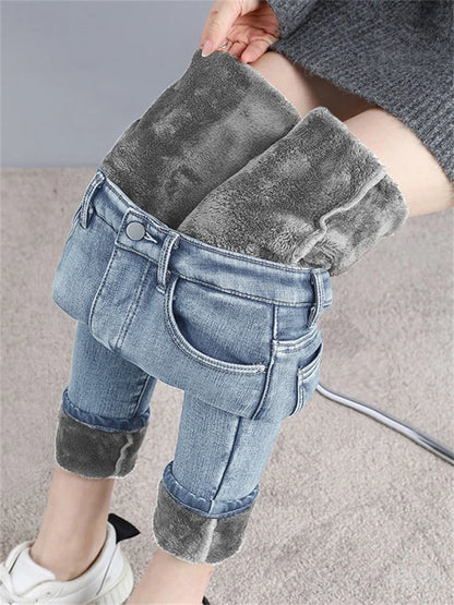 Winter Mid Waist Skinny Warm Jeans Women Plus Velvet Ankle Length Casual Thick Pencil Pants women clothing Fleece Denim Trousers