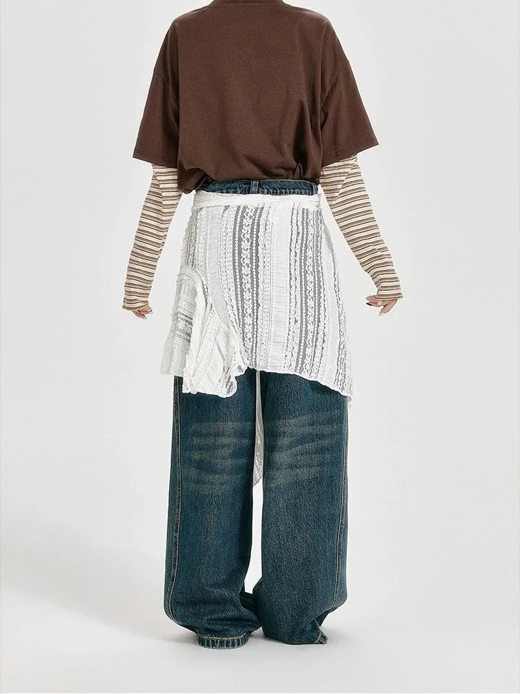 American Retro White Lace Skirt Women Irregular Bandage Pleated All Match Skirt Ladies Spring Autumn New Korean Fashion Clothing