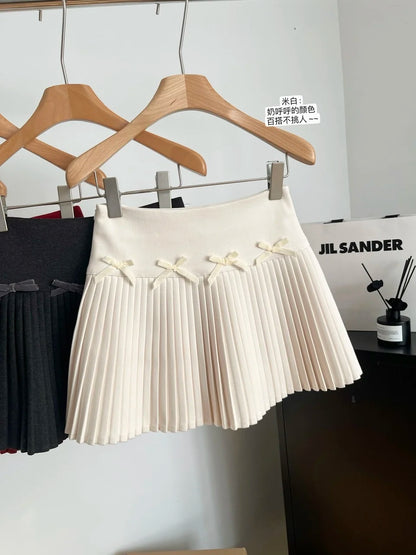 Women's Autumn/Winter Velvet Bow Solid Color Mini Short Skirt High Waist Sweet All match Elegant A-line Pleated Skirt 2024 New