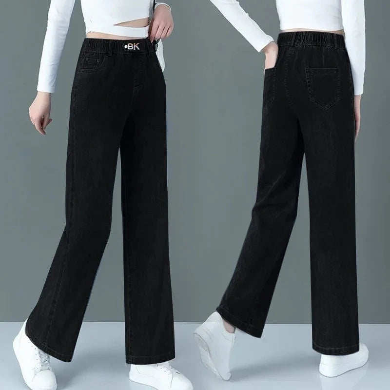 Blue high waisted Elastic jeans Women's clothing 2025 Spring Autumn New Loose Straight leg Pants Casual Denim Wide leg pants