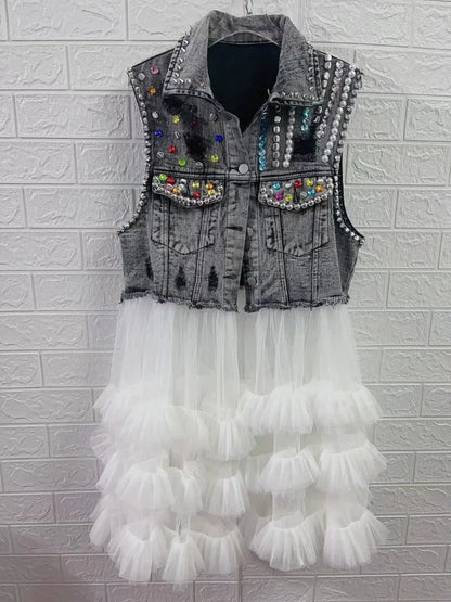 Women Rainbow Color Diamonds Beaded Mesh Ruffles Splice Jeans Jacket Multi-layers Mesh Rhinestone Denim Vests Cardigan Tank Tops