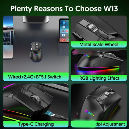 Wireless+Bluetooth+wired gaming mouse with side scroll wheel rechargeable macro function gaming mouse suitable for laptops