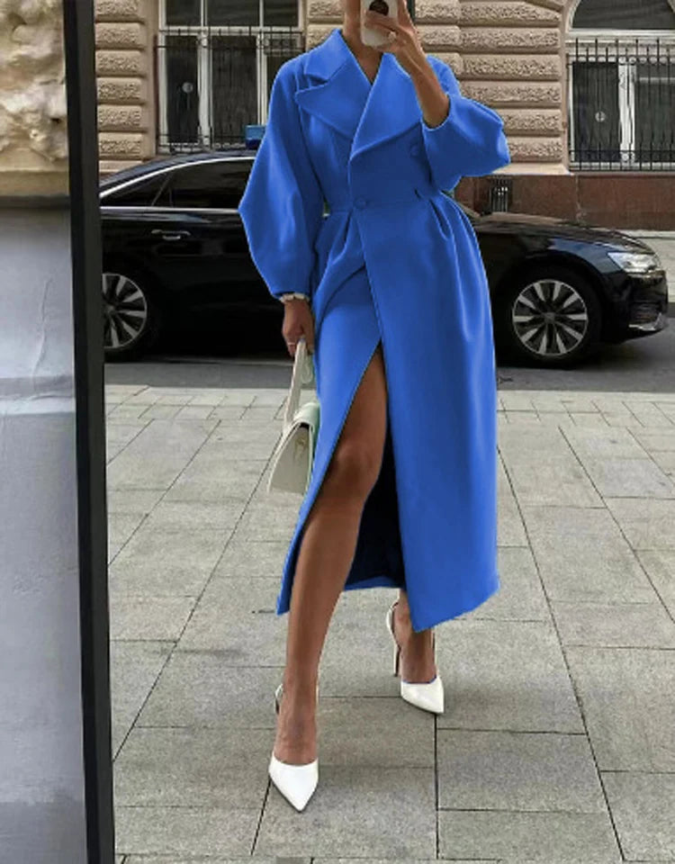 Elegant Solid Woolen Blend Overcoat Women Fashion Thick Lapel Double-Breasted Long Sleeve Jacket 2025 Spring Autumn Lady Outwear