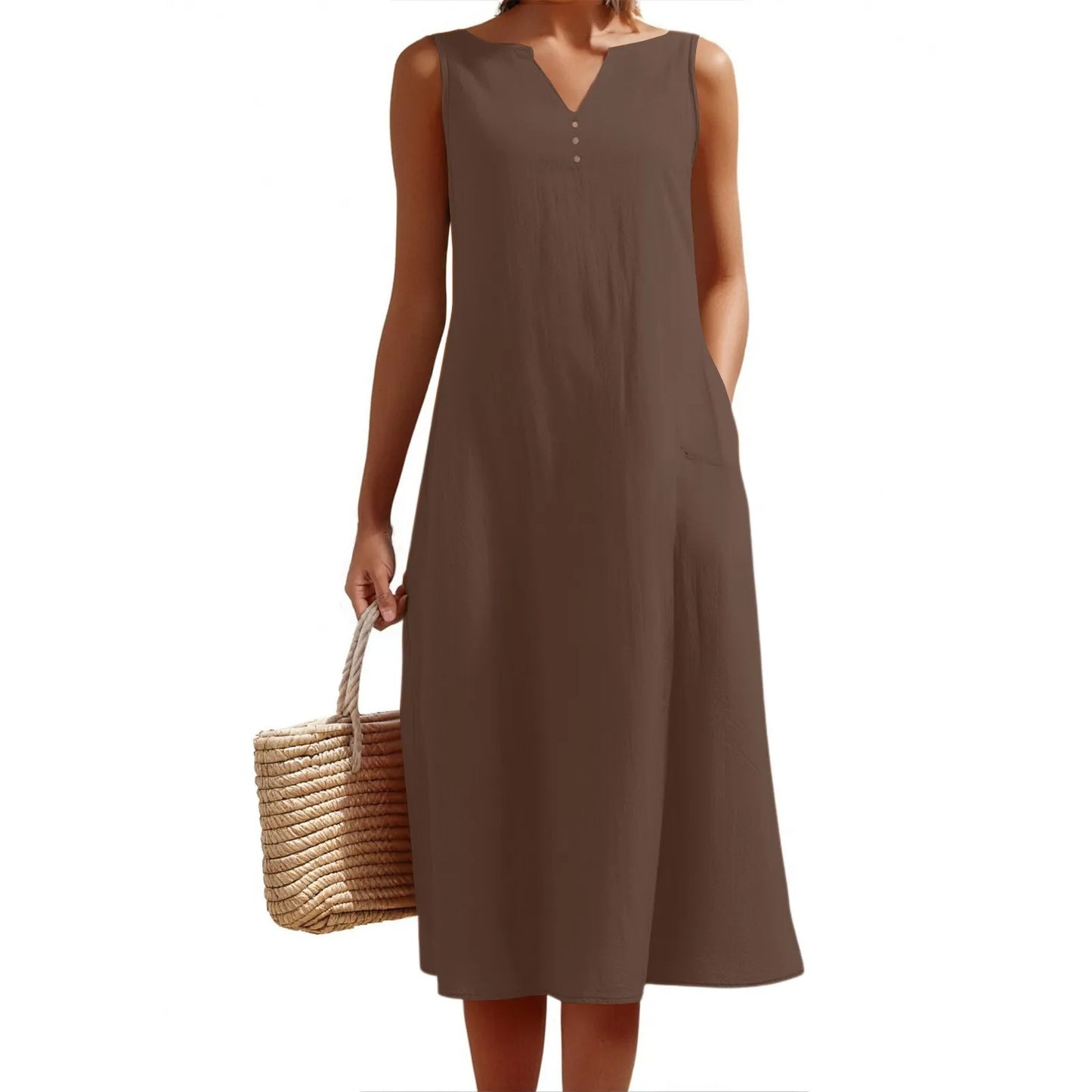 Women's Summer Casual V-neck Button Solid Color Sleeveless Long Dress With Pockets Female Elegant Trendy Casual Loose Dresses