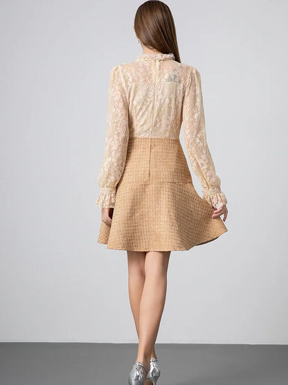 SMTHMA High-End Boutique Lace Splicing Fake Two Small Fragrant Tweed Dress Women's Luxury Beaded Winter Woolen Dresses
