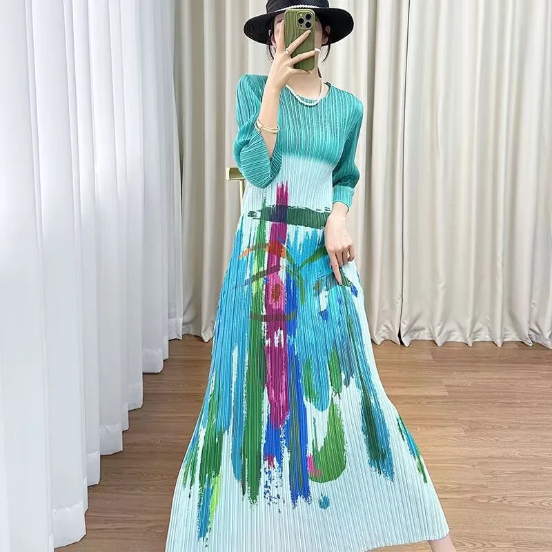 Beautiful Long Dresses Womens Dresses Miyake Summer Design Sense Round Neck Cropped Sleeve Pattern Printed Pleated Dress Female