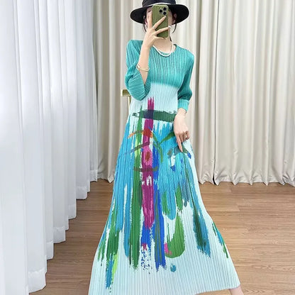 Beautiful Long Dresses Womens Dresses Miyake Summer Design Sense Round Neck Cropped Sleeve Pattern Printed Pleated Dress Female