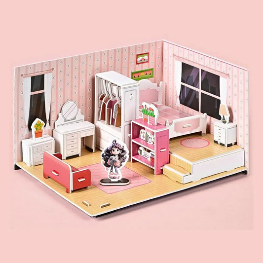 Bedroom DIY Puzzle Dollhouse Room Kitchen Bathroom Pretend Play Paper Doll House Living Room Cardboard 3D Paper Puzzle Room