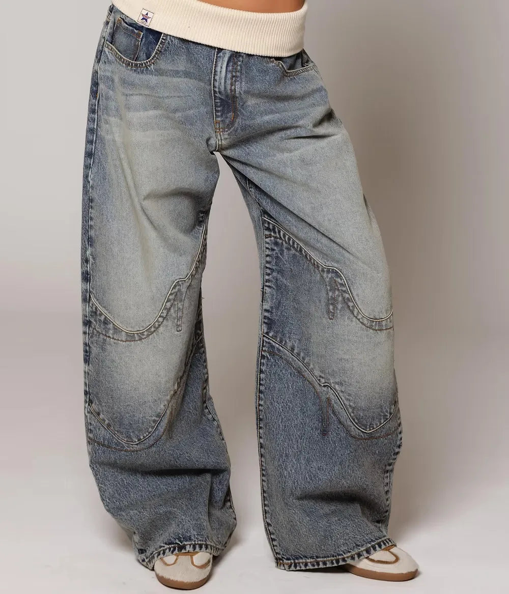 Y2K new style spliced waist design light blue washing women jeans fashionable high street Harajuku high waist wide leg pants