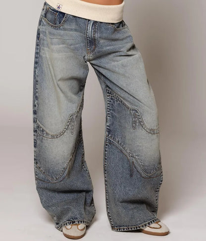 Y2K new style spliced waist design light blue washing women jeans fashionable high street Harajuku high waist wide leg pants