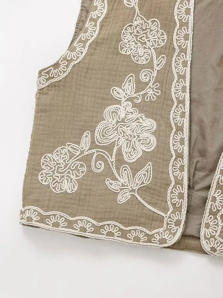 TELLHONEY Women Fashion V-Neck Embroidery Waistcoat Vest Tops Female Casual Vintage Sleeveless Outerwear Jacket