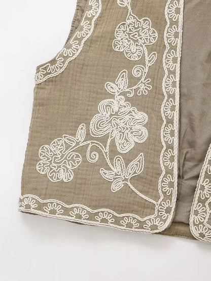 TELLHONEY Women Fashion V-Neck Embroidery Waistcoat Vest Tops Female Casual Vintage Sleeveless Outerwear Jacket