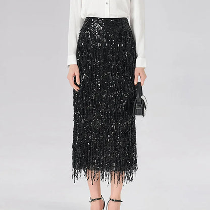 Stylish Glitter Sequined Sparkly Evening Skirts Elegant 2026 Spring High Waist Slim Split Tassel Skirt Summer Sexy Women's Skirt