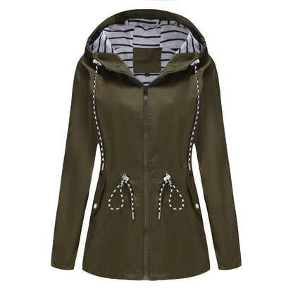 Women Outdoor Windbreaker Casual Loose Hooded Waterproof Raincoat Long Sleeve Solid Color Mid-length Zipper Hiking Jackets