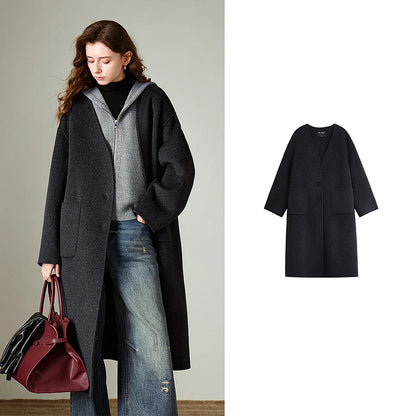TOYOUTH Women Woolen Coat 2025 Winter New V Neck Mid Length Retro Female Overcoat Jacket Camel Black Gray