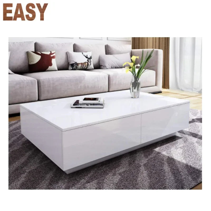 High Gloss Wooden Coffee Table, 4 Storage Drawers, Modern Living Room, New