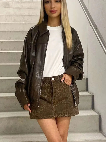 HH Female Streetwear Style Coats Solid Turn-Down Collar Long Sleeves Pockets Zipper Autumn Jackets Woman 2024 Trendy 2 Color