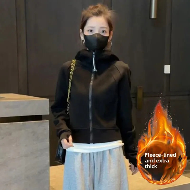 Korean Sle Winter New All-Match Hooded Zipper ort Sweatirt Jaet Thiened Fce Warm Casual Pants Set