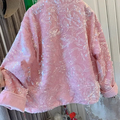 Chinese Vintage Sequin Velvet Jacket Autumn Winter New Elegant Embroidery Women's Stand Collar Single Breasted Outerwear
