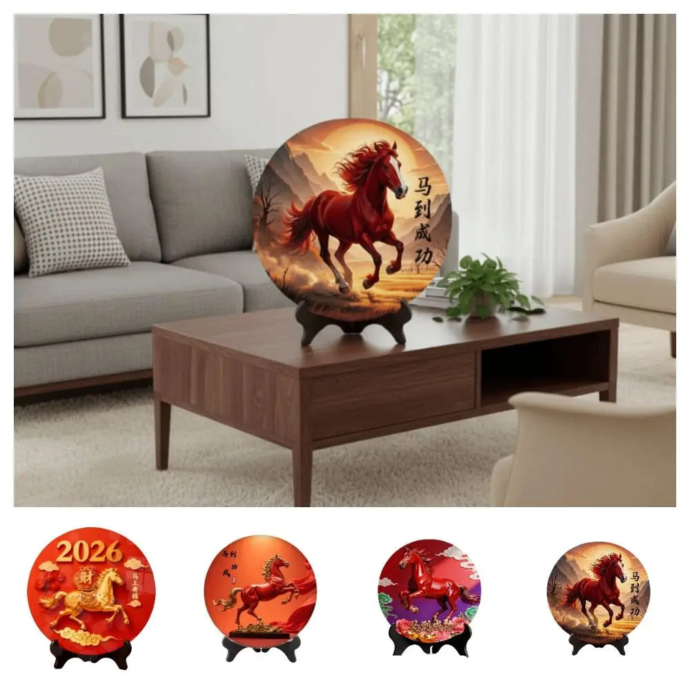 Horse Year Decorative Paintings Ornament Round Good Luck Desktop Ornament Wooden Funny Home Decor Ornament TV Cabinets